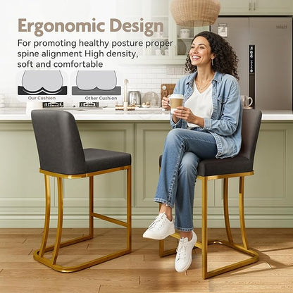 MAISON ARTS Counter Height Bar Stools with Back for Kitchen Counter, 24 Inch Modern Upholstered Faux Leather Barstools Farmhouse Bar Chairs Luxury Island Stools Support 330LBS, Grey & Gold