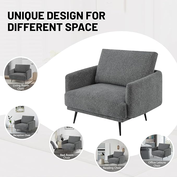 Oversized Accent Chair for Living Room Chairs Reading Arm Chair Comfy Modern Single Sofa Side Chairs with Metal Legs & Soft Cushion for Bedroom, Waiting Room (Chenille Dark Grey, Set of 2)