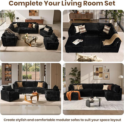 130'' Modern Modular Sectional Sofa,5 Seats Cloud Comfort Corduroy Fluffy Couch,L Shaped Convertible Sofa Couch for Living Room,Black