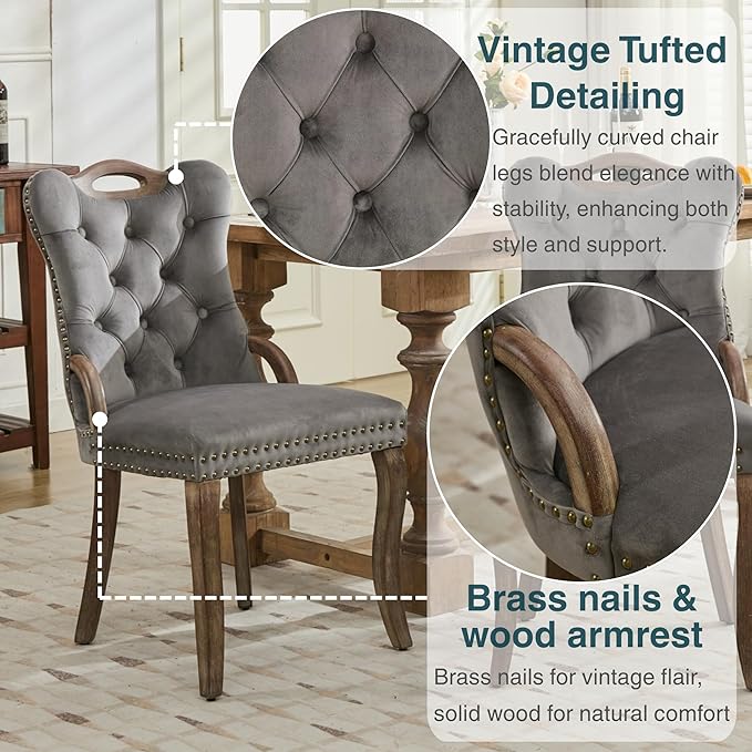 Velvet Dining Chairs Set of 6, Solid Wood Handles, Wooden Upholstered Dining Chair, Vintage Copper Nail Decoration, Mid Century Modern Kitchen Chair (Grey, Set of 6)