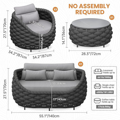 4-Piece Alumunim Outdoor Seating Set: All-Weather Patio Accent Furniture Sofa Set, Hand Woven Rope, No Assembly, Modern Garden Lounge Conversation Set for Backyard Deck Porch Poolside Hotel
