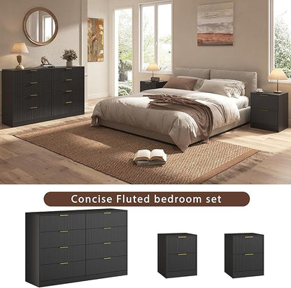 3-Piece Modern Bedroom Furniture Set, Wide 8-Drawer Dresser & 2-Drawer Nightstands Set of 2, Natural Wood Dresser and Nightstand Sets for Bedroom, Hallway, Black