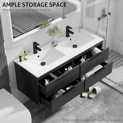 eclife 48" Bathroom Vanities Cabinet with Sink Combo, Wall Mounted Floating Cabinet W/Decor Line, Soft-Close System, 4 Extra Big Drawers, Matte Black Faucet, Black