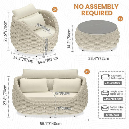 Sunroom Furniture Sets: 6 Pieces Aluminum Woven Rope Patio Conversation Sofa Set Cushioned - Modern Outdoor Couch Set No Assembly - Armchair Set Porch Deck Garden Poolside Gazebo Hotel - Beige