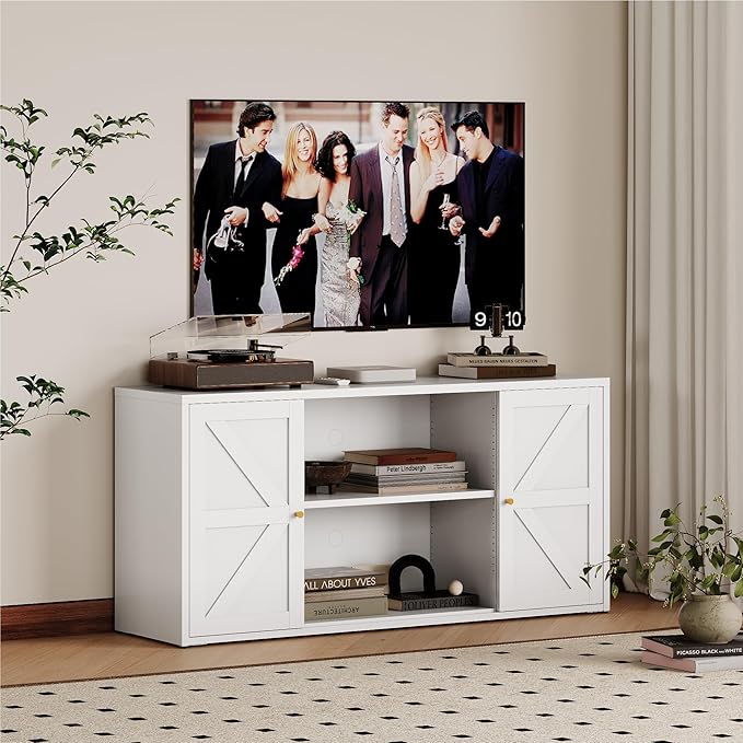 Metal Farmhouse TV Stand for 65 Inch TV, Entertainment Center with Storage Cabinets and 2 Barn Doors, Media TV Console Table for Living Room (White, 27.5" H-TV Stand)