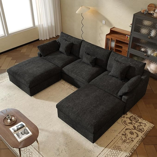 JACH U Shaped Sectional Couches, Cloud Sectional Couch with Deep Seat, 119" Down Filled Modular Sofa with Chaise, Covers Removeable & Washable, Sofas Furniture for Living Room, Black