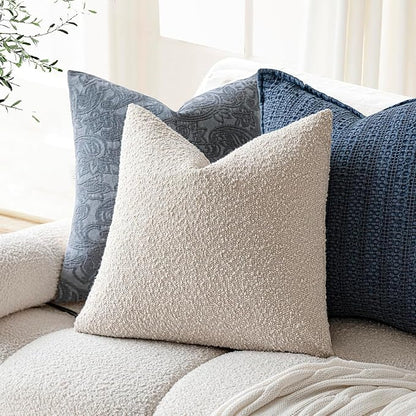 Foindtower Set of 2, Decorative Textured Boucle Throw Pillow Covers Accent Solid Pillow Cases Neutral Cozy Couch Cushion Case for Chair Sofa Bedroom Living Room Home Decor 26 x 26 Inch Ivory Beige