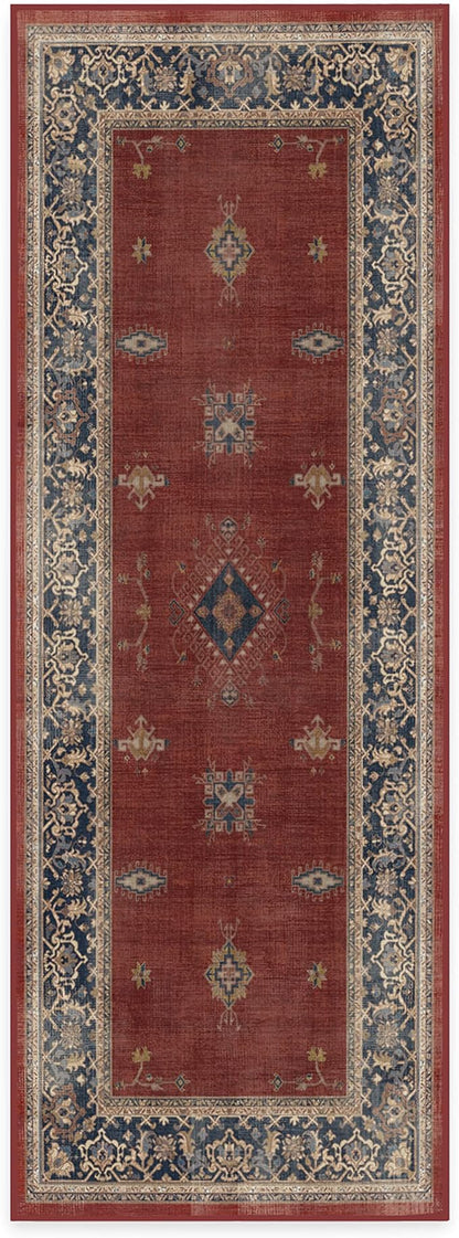 RUGGABLE Washable Vintage Runner Rug – Verena Amber Red 2.5x7, Stain-Resistant, Non-Slip Hallway Runner – Machine Washable Rug for Hallway, Entryway, Living Room & Kitchen–with Cushioned Pad