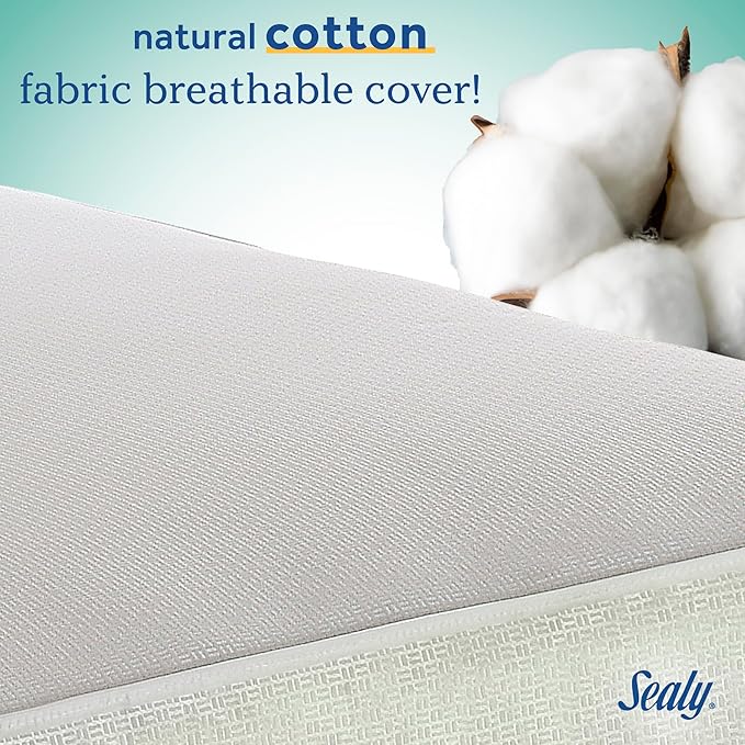 Sealy Baby Cozy Cool Hybrid Breathable Crib Mattress, GREENGUARD GOLD Certified, Made in USA, Cooling Foam, 2 Stage, Toddler Bed Fit, 204 Coils & Cotton Cover, Safety & Quality Tested, 52x28"