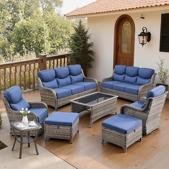 Belord Luxury 6" Thick Cushioned 8 Pieces Patio Furniture Set with Outdoor Couch, Wicker Outdoor Conversation Set with High Back Swivel Rocker Chairs for Deck Porch Yard and Poolside - Grey+Blue