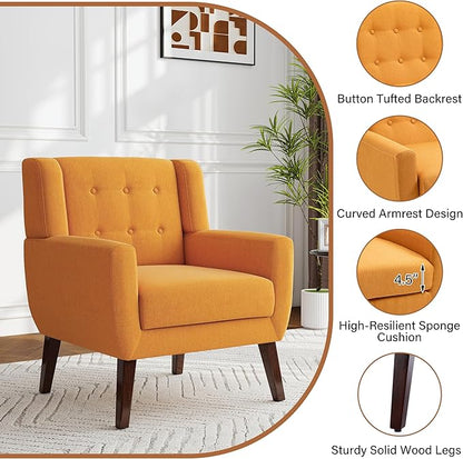 Accent Chairs Set of 2, Modern Fabric Armchairs for Living Room, Comfy Upholstered Arm Chairs Tufted for Indoor Bedroom Office Room (Orange)