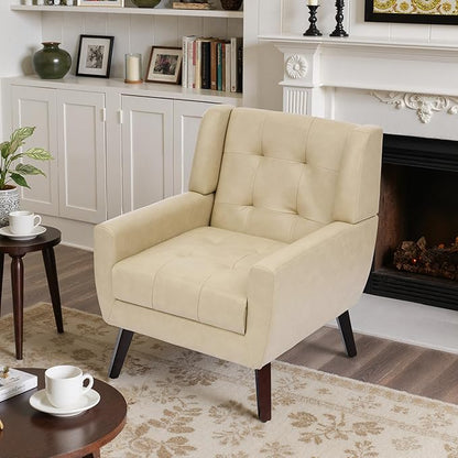 Faux Leather Accent Chairs Set of 4, Mid-Century Modern Upholstered Armchair, Comfy Living Room Chairs Reading Chairs with Button Tufted Back & Solid Wood Legs for Bedroom, Office, Cream