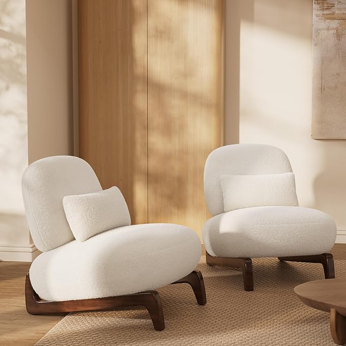 Morden Fort 3 Piece Cloud Couch Set, Modern Sherpa Boucle Sofa Set with Wood Legs, Skin-Friendly Minimalist Upholstered Comfy Couch Sofas for Living Room, 3-Seater Sofa & 2 Chairs, Off White