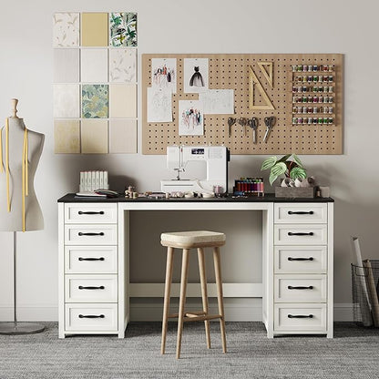 WOPITUES 60" Farmhouse Home Office Desk with 10 Wooden Drawers, Rustic Computer Writing Desk with Power Outlets, Large Executive Desk with Storage Cabinet for Work Study Writing, Black & White