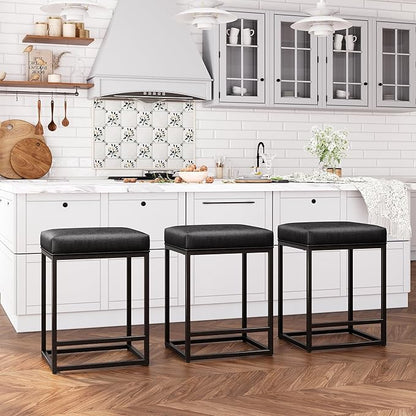 ALPHA HOME Black Metal Bar Stools with Padded Seat, 24"H x 14.76"L x 17.51"W, 350lbs Weight Capacity