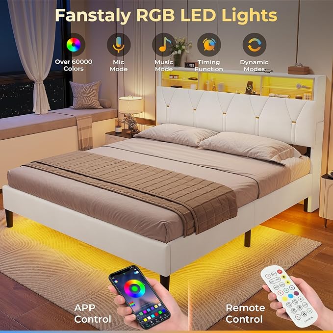 LED Full Bed Frame with Type-C & USB Charging Station, Full Size Bed Frame with Storage Headboard, Modern Velvet Upholstered Platform Bed with Shelf Headboard, Noise-Free, Creamy White