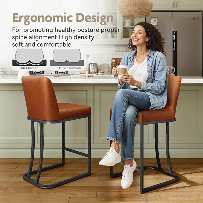 MAISON ARTS Counter Height Bar Stools with Back Set of 3 for Kitchen Counter, 24 Inch Modern Upholstered Faux Leather Barstools Farmhouse Bar Chairs Luxury Island Stools Support 330LBS, Brown