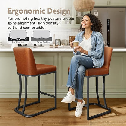 MAISON ARTS Counter Height Bar Stools with Back Set of 4 for Kitchen Counter, 24 Inch Modern Upholstered Faux Leather Barstools Farmhouse Bar Chairs Luxury Island Stools Support 330LBS, Brown