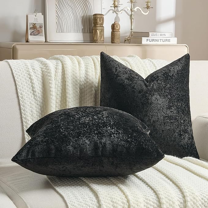 FUTEI Black Flannel Throw Pillow Covers 24x24 Inch Set of 2,Soft Dimensional Textured European Cushion Cases,Modern Home Decor for Couch Living Room