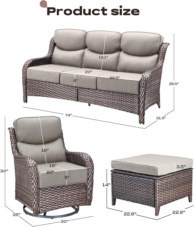 Rilyson Wicker Outdoor Patio Furniture Set - 7 Piece Patio Conversation Sets with Swivel Rocker Chairs, Ottomans and Sofa, 6 inch Cushions, Waterproof Wicker, for Porch Deck Brown/Beige