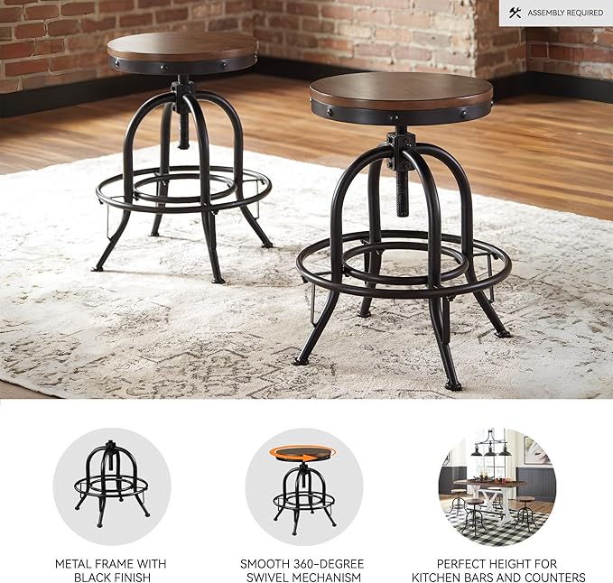 Signature Design by Ashley Valebeck Industrial Adjustable Height Swivel Barstool, 2 Count, Brown