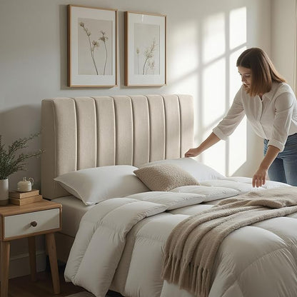 Hearth & Harbor Upholstered Twin Headboard - Easy Assemble Channel Stitched Headboard Twin Size - Wall Mounted Headboards with 3D Soundproof Wall Panels Peel & Stick Floating Headboards, Beige