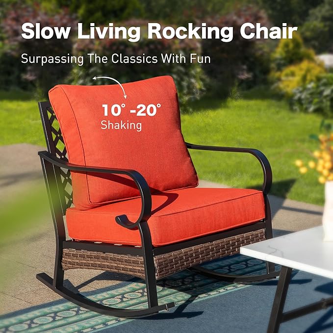 5 Piece Metal Outdoor Patio Furniture Set, Patio Conversation Set with 3-Seater Sofa, Loveseat, 2 Rocking Sofa (5.75" Thick Cushion) & Coffee Table Black Backyard Furniture, Rust Red