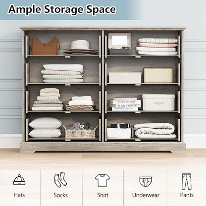 8 Drawer Dresser for Bedroom, 53" Wide Wooden Chest of Drawers, Rustic Farmhouse Dresser with Large Drawers & Metal Handles, Modern Storage Organizer for Closet, Living Room, Hallway, Grey