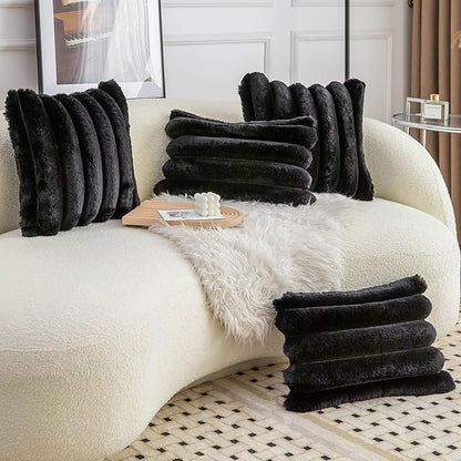 Neelvin Black Faux Fur Cozy Soft Striped Decorative Throw Pillow Covers 12x20 inch Set of 2,Velvet Pillowcase Cushion Case for Sofa Couch