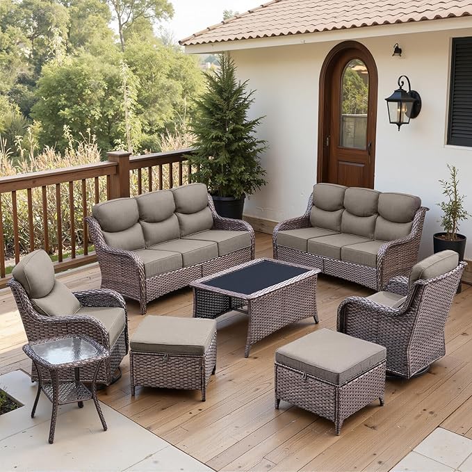 Belord Luxury 6" Thick Cushioned 8 Pieces Patio Furniture Set with Outdoor Couch, Wicker Outdoor Conversation Set with High Back Swivel Rocker Chairs for Deck Porch Yard and Poolside - Brown+Grey