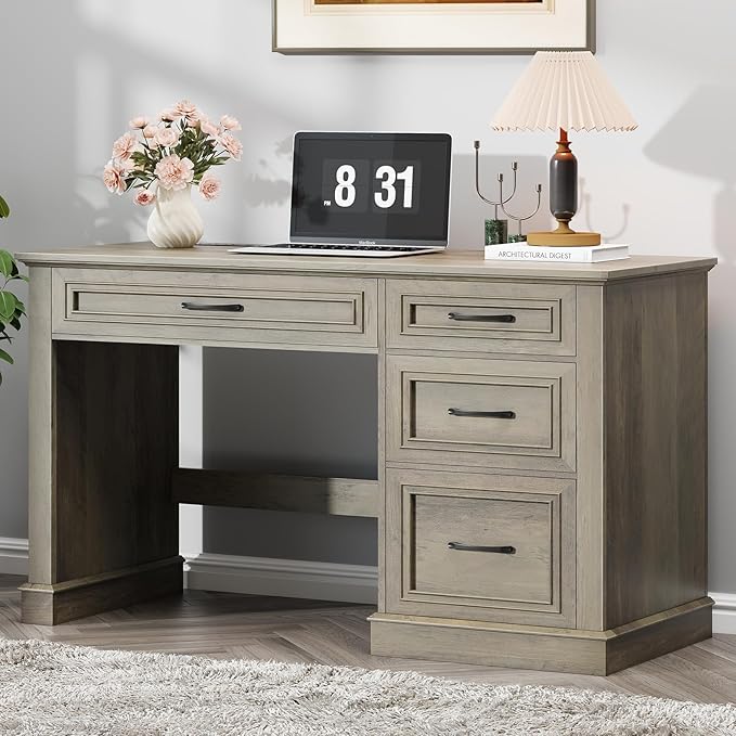 Farmhouse 47" Executive Desk, Computer Desk with Drawers and File Drawer, Workstation Computer Desk with Charging Station for Home Office,Study,（Wash Grey）