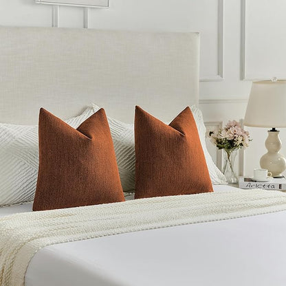 FUTEI Rust Chenille Decorative Throw Pillow Covers 18x18 Inch Set of 2,Soft Cozy Faux Linen Textured Cushion Case,Farmhouse Home Decor for Couch Living Room