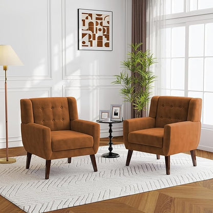 Lumibee Accent Chairs Set of 2, Velevet Fabric Armchairs for Living Room, Comfy Upholstered Arm Chairs Tufted for Indoor Bedroom Office Room (Orange Velvet)