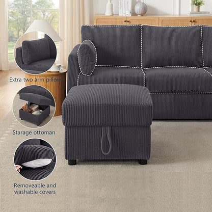 79" Small Couches with Storage Ottoman 3 Seat L Shaped Couch Sectional Sofa with Chaise Lounge for Apartment,Dorm,Bonus Room,Compact Spaces. (Grey, 3+OTT)