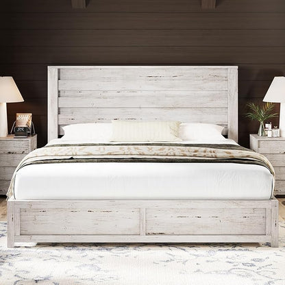 AMERLIFE Farmhouse King Size Bed Frame with 49" Fluted Headboard, Wood Platform Bed with Natural Wood Grain, No Box Spring Needed/Noise Free, Distressed White