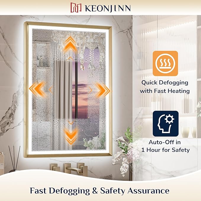 Keonjinn Gold LED Bathroom Mirror 24 x 36 Inch with Frontlit & Backlit, Lighted Mirrors Metal Framed for Wall, Stepless 3 Colors Lights, Anti Fog, Tempered Glass, Brighter and No Dark Corner