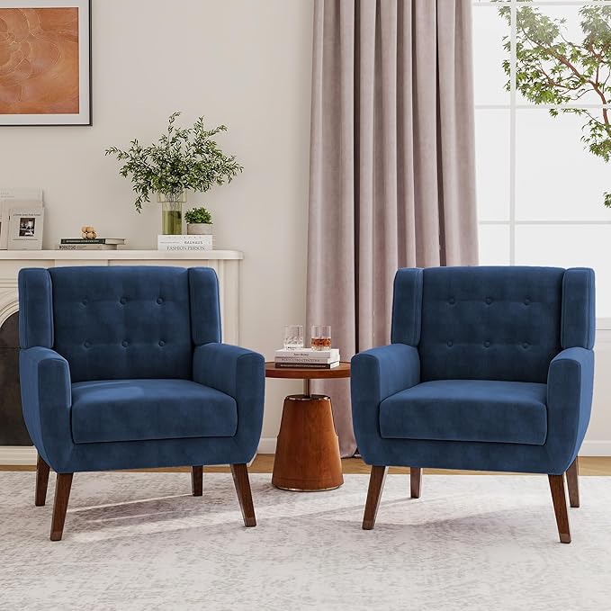Lumibee Accent Chairs Set of 2, Velevet Fabric Armchairs for Living Room, Comfy Upholstered Arm Chairs Tufted for Indoor Bedroom Office Room (Royal Blue Velvet)