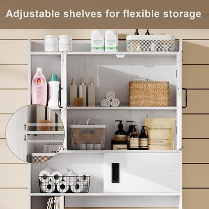 ChooChoo Over The Toilet Storage Cabinet, Farmhouse Bathroom Shelf Over Toilet with Adjustable Shelves, Above Toilet Storage Cabinet with Sliding Door for Bathroom, Laundry Room, White