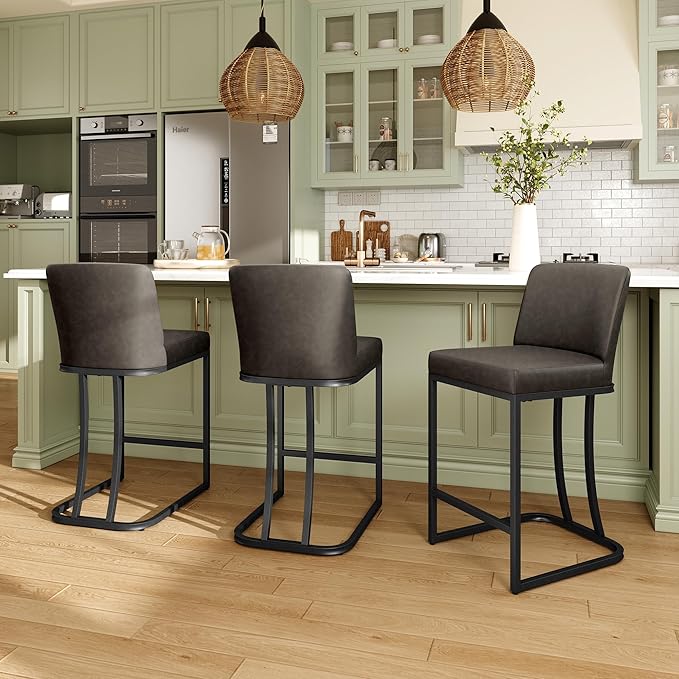 MAISON ARTS Counter Height Bar Stools with Back Set of 3 for Kitchen Counter, 24 Inch Modern Upholstered Faux Leather Barstools Farmhouse Bar Chairs Luxury Island Stools Support 330LBS, Grey