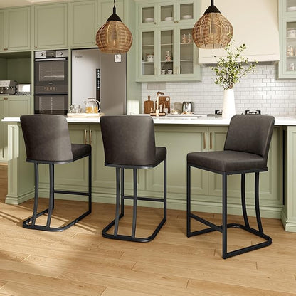 MAISON ARTS Counter Height Bar Stools with Back Set of 6 for Kitchen Counter, 24 Inch Modern Upholstered Faux Leather Barstools Farmhouse Bar Chairs Luxury Island Stools Support 330LBS, Grey