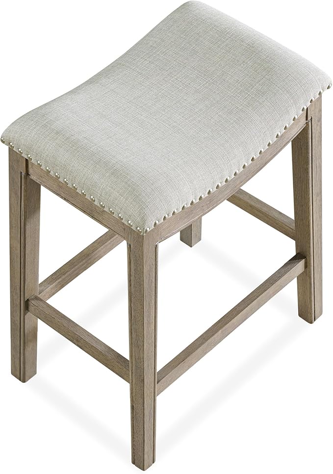 ROME + OAK Set of 3 Parker 26" Counter Stool, Backless Saddle Kitchen Barstool in Reclaimed Oak Finish with Ash Grey Fabric Upholstery Cushion Seat