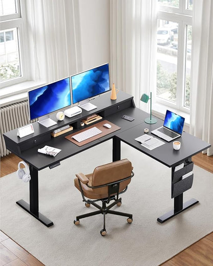 ErGear L Shaped Electric Standing Desk, 63" Ergonomic Corner Height Adjustable Desk with Drawers, Sit Stand Computer Table with Storage for Work Office Home, Black