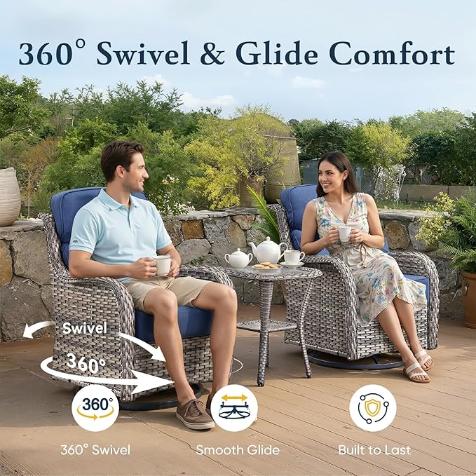 Belord Luxury 6" Thick Cushioned 7 Pieces Patio Furniture Set with Fire Pit Table, Wicker Outdoor Conversation Set with High Back Swivel Rocker Chairs for Deck Porch Yard and Poolside - Grey+Blue