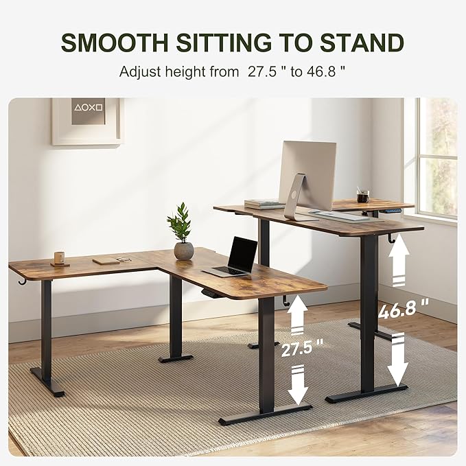 BANTI L-Shaped Standing Desk - 63 x 55 Inch Adjustable Corner Standing Desk with Charging Station - L Shape Sit Stand Table with Memory Controller, Splice Board for Home Office