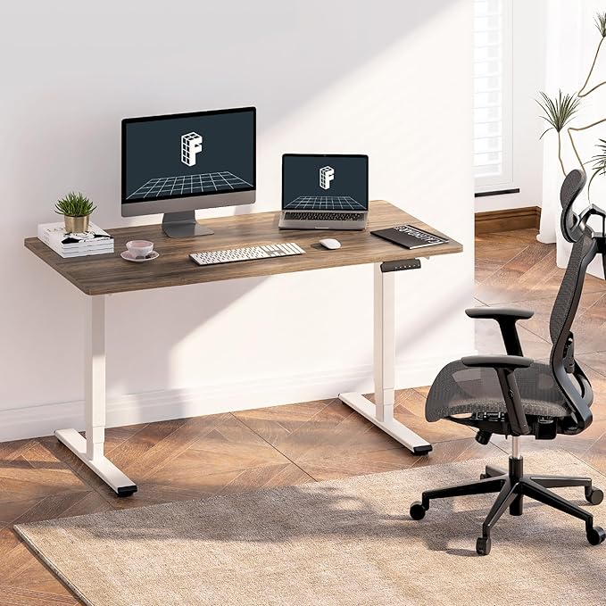 FLEXISPOT E6 3-Stage Dual Motor Electric Standing Desk 55 x 28 Sit Stand Up Desk, Holds 220 lbs, Adjustable Height w/Memory Presets, One-Piece Grey Wood Grain Desktop & White Frame, Ships in 2 Boxes