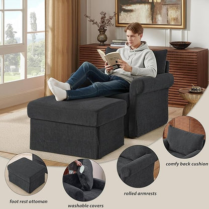 Modern Accent Chairs with Ottoman, Comfy Chenille Reading Armchair with Rolled Arms and Cushion Backrest, 35.8" W Chaise Lounge Chair for Living Room, Bedroom, Study, Apartment, Dark Grey