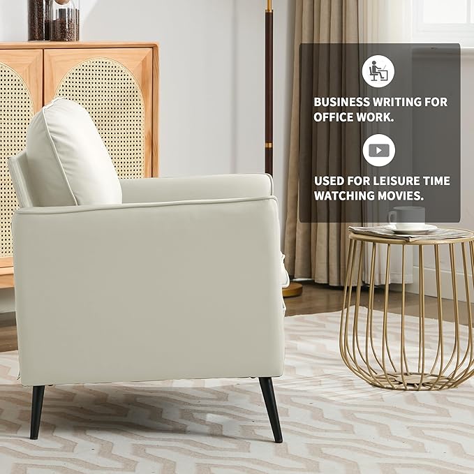 YISHENG Mid-Century Modern Living Room Accent Chairs Set of 2 - Oversized Faux Leather Armchairs with Removable Cushions & Metal Legs, Comfortable Sofas for Office/Lounge/Bedroom/Reception,Cream