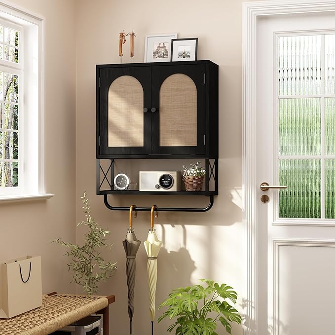 RUSTOWN Rattan Bathroom Wall Cabinet, Boho Over The Toilet Storage Cabinet with Arched Rattan Doors, Modern Medicine Cabinet with Adjustable Shelves & Towel Bar (Black, Medium)