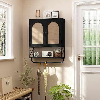 RUSTOWN Rattan Bathroom Wall Cabinet, Boho Over The Toilet Storage Cabinet with Arched Rattan Doors, Modern Medicine Cabinet with Adjustable Shelves & Towel Bar (Black, Medium)