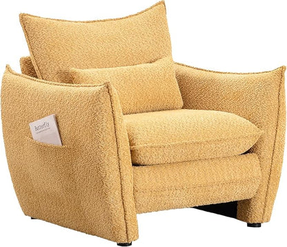 Chenille Oversized Accent Chairs Set of 2, Modern Oversized Armchair with Removable Pillow, Comfy Living Room Chair with Side Pocket Storage for Bedroom, Office, Yellow